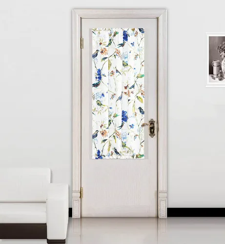 Vista 13 de VOGOL - Cortina decorativa con patrón de pájaros para puerta delantera, cortinas francesas de cocina con reducción de vista, 1 panel de lino