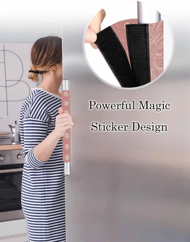 Vista 3 de Juego de 2 fundas para manijas de puerta de refrigerador con copos de nieve rosados, para lavavajillas, microondas, horno, nevera, estufa