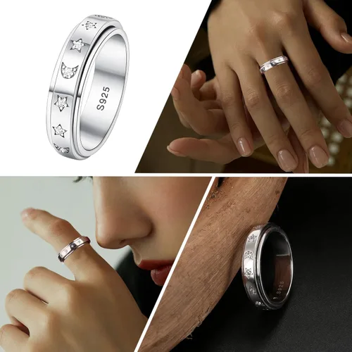 Vista 3 de MUSECLOUD Anillo giratorio de plata de ley 925 anillo giratorio de luna y estrella para la ansiedad para mujer chapado en oro blanco banda de 0236in