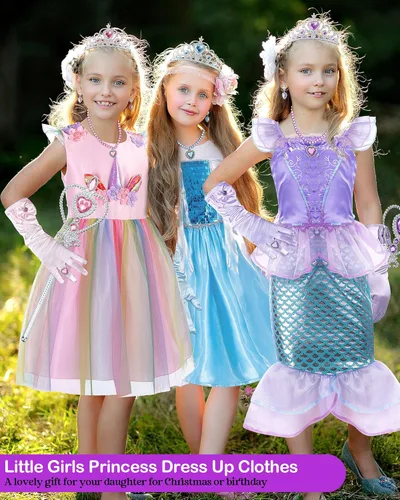 Vista 7 de Toulite Juego de 3 disfraces de princesa, disfraz de princesa, disfraz de unicornio, disfraz de sirena, vestido de princesa con accesorios