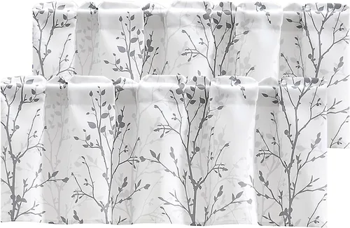 Vista 12 de Luvyohmee Cortina de cenefa estampada con ramas de árbol, cenefa de cocina de 18 pulgadas de largo, color negro, cenefas de ventana grises