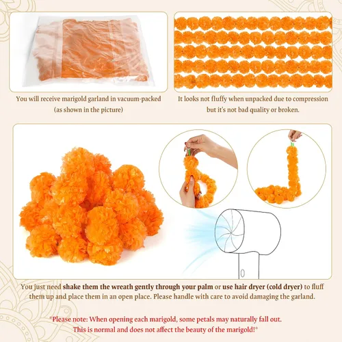 Vista 4 de 5 guirnaldas de caléndula para decoración, flores artificiales de caléndula Naranja