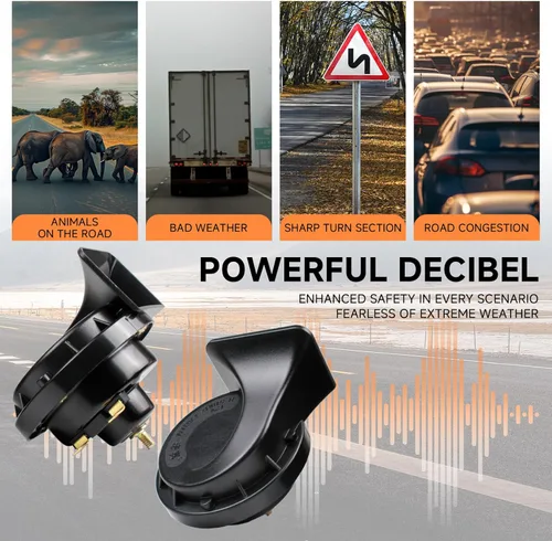 Vista 3 de FARBIN Kit de bocina de aire eléctrica de 12 V para camión, coche, SUV, motocicleta, barco - Bocina negra con arnés de cables