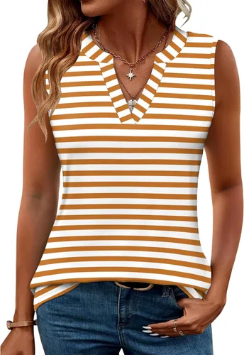 Vista 17 de Romanstii Camisas sin mangas para mujer, estilo casual, de verano, cuello en V, blusas elegantes, túnica
