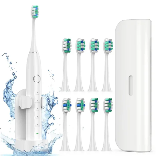 Vista 12 de Cepillo de dientes eléctrico para adultos con 8 cabezales de cepillo, cepillo de dientes sónico recargable con un soporte y estuche de viaje, carga