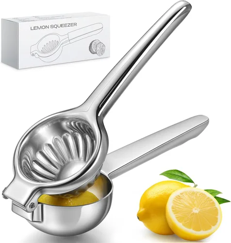 Vista 8 de Sopito - Exprimidor de limón de acero inoxidable, resistente con cuenco exprimidor de metal grande para jugos sin semillas, diseño de agarre
