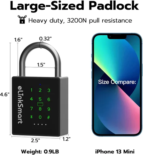 Vista 2 de eLinkSmart Candado inteligente resistente con llave, bloqueo de almohadilla con teclado de código, resistente a la intemperie, Bluetooth RFID