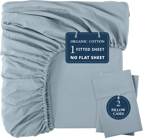 Vista 52 de LANE LINEN - Sábana bajera 100% de algodón orgánico, tamaño Queen, 2 fundas de almohada, tejido percal suave, transpirable, apta para colchones