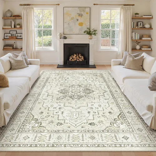 Vista 101 de zesthome Alfombras de área de 5 x 7, lavables a máquina, para sala de estar, dormitorio, resistentes a las manchas, vintage, de gran área, Beige
