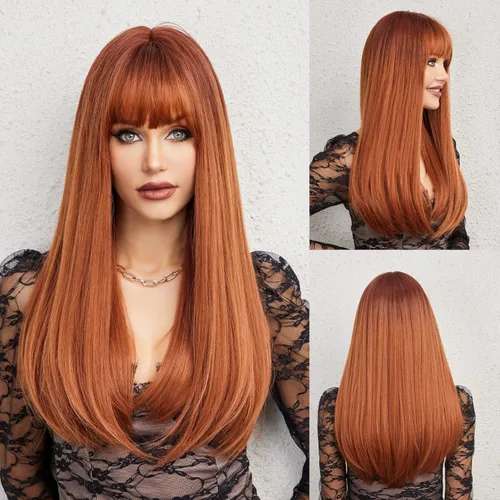 Vista 23 de HAIRCUBE Peluca de color marrón a rubio con flequillo para mujer, peluca de cabello largo ondulado marrón y rubio, pelucas sintéticas rizadas