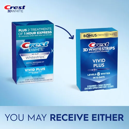 Vista 2 de Crest 3D Whitestrips Vivid Plus, kit de tiras blanqueadoras de dientes, 10 tratamientos + 2 tratamientos adicionales