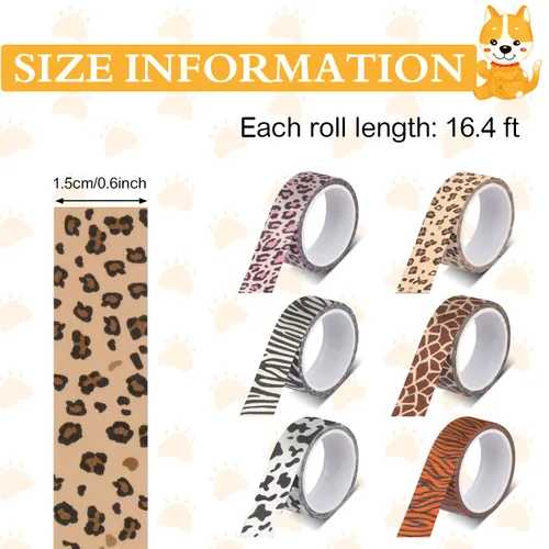 Vista 2 de DREMISI 6 rollos de calcomanías de cinta washi con estampado de animales, guepardo, vacas, cebra, jirafa, leopardo, cinta adhesiva decorativa