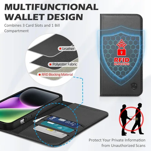Vista 4 de SHIELDON Funda para iPhone 14 de 6.1", Funda tipo cartera de cuero genuino [Cierre magnético] [Ranuras para tarjetas con bloqueo RFID] [Soporte]