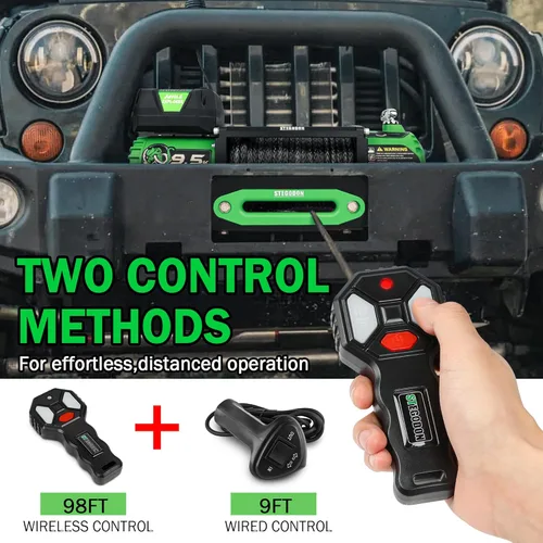 Vista 5 de Cabrestante eléctrico de 9500 libras, cabrestante de 12 V con cuerda sintética, cabrestante para remolque de coche con guía Hawse verde, control