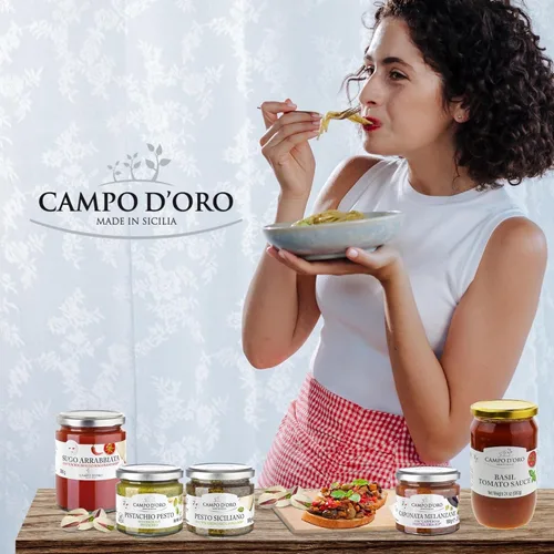 Vista 5 de CAMPO D'ORO - Salsa italiana de espagueti de tomate con albahaca, 24 onzas, salsa de pasta y pizza, 100% fabricada en Sicilia, Italia