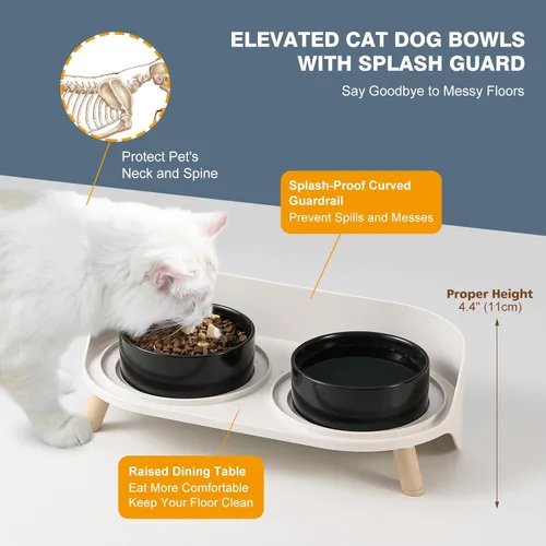 Vista 3 de Juego de Cuencos Elevados de Cerámica para Gatos - Platos Dobles Elevados para Alimentos y Agua - Soporte Antideslizante y Resistente a Salpicaduras