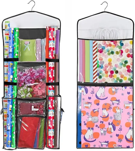 Primode Almacenamiento de papel de regalo para colgar sobre la puerta, organizador de papel de regalo, bolsas de regalo, lazos de cinta y accesorios