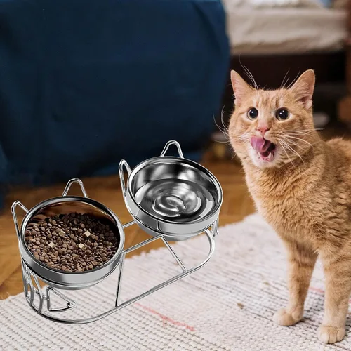 Vista 2 de Elevated Cat Bowls Food and Water Bowl Set for Travel Small Dogs Indoor Cats