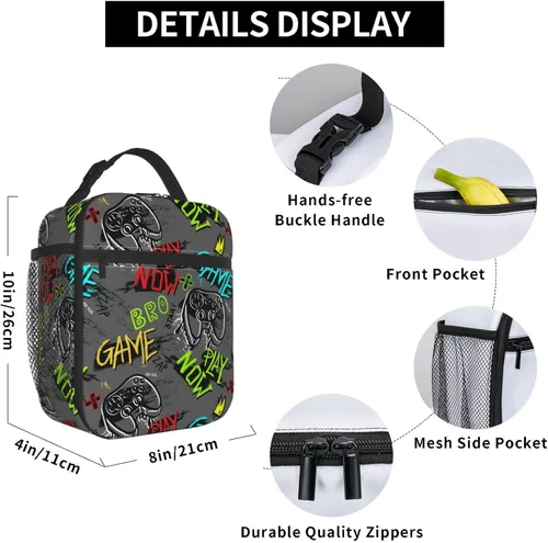 Vista 19 de Bolsa de almuerzo con joystick de juego verde, bolsa de almuerzo aislada, contenedor de comida para escuela, trabajo, picnic, viajes