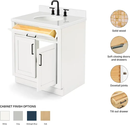 Vista 501 de ARIEL Hepburn - Tocador de baño de 30 pulgadas con fregadero, madera maciza, encimera y protector contra salpicaduras de cuarzo blanco puro de 1.5