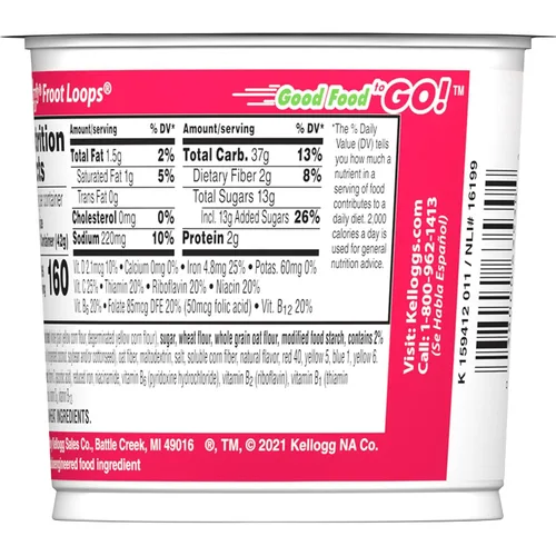 Vista 3 de Kellogg's Froot Loops - Tazas de cereales para el desayuno, sabor a frutas, aperitivos de desayuno con vitamina C, original, caja de 18 onzas