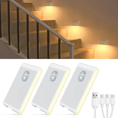 Vista 12 de WILLED Luz nocturna recargable, luces inalámbricas para escaleras para interiores, luz blanca cálida con sensor de movimiento para interiores, se