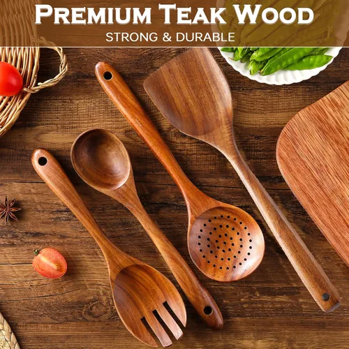 Vista 3 de Cucharas de madera para cocinar, juego de 7 piezas de utensilios de cocina de madera de teca natural, cuchara de madera, espátula, tenedor
