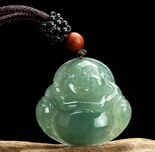 Vista 2 de Colgante de amuleto de estatua de Buda Maitreya de jadeíta de jade verde natural