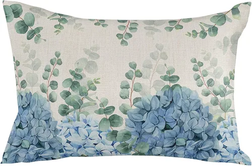 Vista 7 de Juego de 2 fundas de almohada impermeables, diseño de hojas de eucalipto de hortensias azules, decoración retro de verano para casa de campo, funda