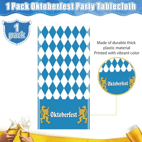 Vista 4 de 1 paquete de manteles desechables para el Oktoberfest bávaro, mantel rectangular de plástico azul y blanco con bandera bávara, decoración