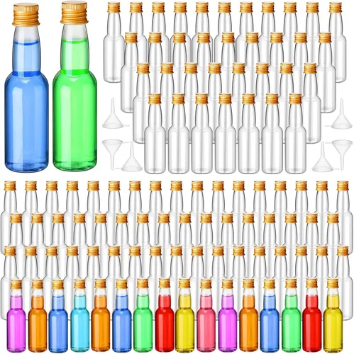 Vista 9 de 120 piezas de mini botellas de licor herméticas, botellas de plástico vacías en miniatura con embudo para tragos de alcohol, ideales para regalos