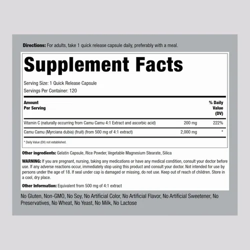 Vista 2 de Piping Rock Camu Camu Cápsulas 120 píldoras Extracto de fruta con vitamina C Suplemento sin OMG, sin gluten