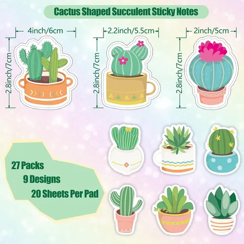 Vista 2 de 27 piezas de notas adhesivas de cactus, notas autoadhesivas de cactus, notas adhesivas para suculentas, juego de blocs de notas autoadhesivas