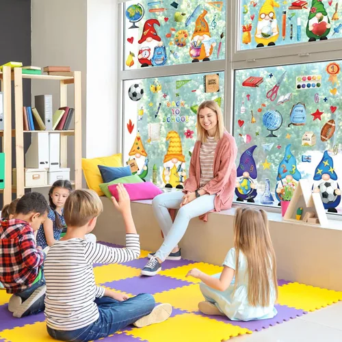 Vista 3 de Whaline 9 hojas de calcomanías para ventana de regreso a la escuela, gnomo lápiz libro globo mochila escolar, calcomanías para ventana