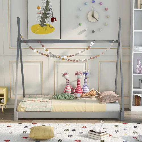 Vista 35 de Harper & Bright Designs Cama matrimonial para niños, cama de madera con cabecera y estribo, base de cama matrimonial para niños pequeños, cuna