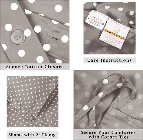 Vista 6 de Superior Juego de funda de edredón de mezcla de algodón de 600 hilos, diseño de lunares, incluye 1 funda de edredón con cierre de botón, 2 fundas