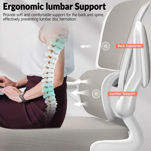 Vista 3 de BESTFAIR Silla de oficina ergonómica de malla, silla de escritorio de malla transpirable, soporte lumbar ajustable, reposabrazos abatibles, silla