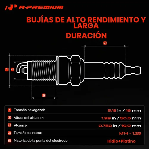 Vista 3 de A-Premium Iridium Platinum Bujías 4 unidades, alambre fino, motor L4