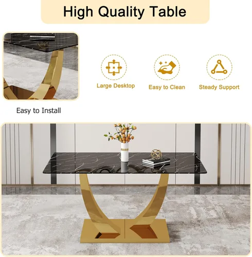 Vista 6 de Mesa de comedor moderna para mesa de comedor de mármol sintético de 4/6, 63 pulgadas, mesa de cocina rectangular, mesa de cocina y comedor de fácil