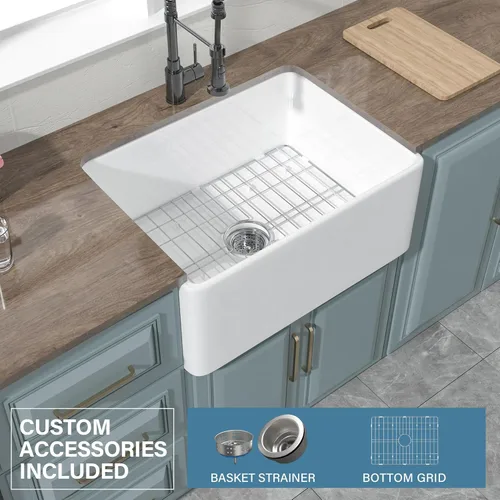 Vista 6 de Fregadero pequeño de granja de 24 x 18 pulgadas, fregadero de granja con delantal Firecaly, cuenco individual resistente, con accesorios 2 tipos