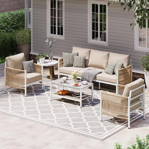 Vista 17 de Sofá de dos plazas de aluminio para patio exterior, sofá de patio de cuerda HDPE con cojín grueso lavable, muebles de patio para todo tipo de clima