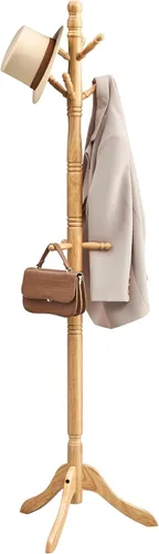 Vista 7 de VASAGLE Perchero de madera maciza y soporte, árbol de pasillo independiente con 10 ganchos para sombreros, bolsos, carteras, para entrada, pasillo
