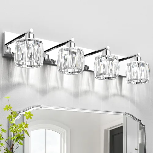 Vista 11 de VOLISUN Luces de Tocador de Cristal - 2 Luces Modernas de Acero Inoxidable para Baño Sobre Espejo, Acabado Cromado - Certificado UL