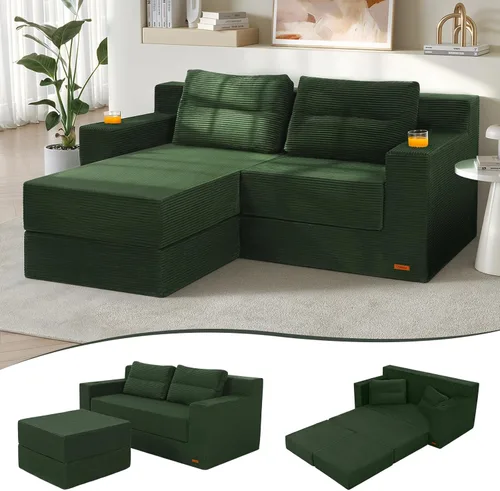 Vista 24 de COMAX Sofá cama futón, sofá cama convertible 4 en 1, sofás plegables sin hueso para sala de estar, plegable pequeño sofá biplaza plegable en el Verde