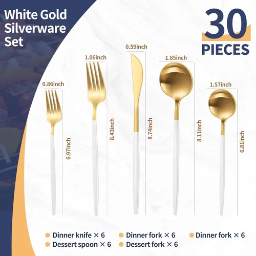Vista 2 de Juego de Cubiertos de Plata de Oro Blanco Mate, Juego de Cubiertos Modernos de Acero Inoxidable de 30 Piezas, Juego de Cubiertos Cepillados Servicio