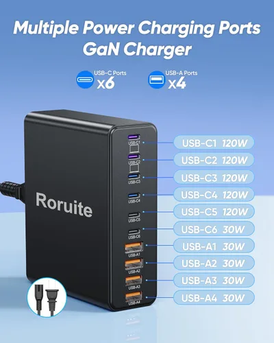 Vista 4 de Estación de carga USB C de 800 W, 120 W PD GaN5 cargador USB C súper rápido, bloque de 10 puertos, tipo C para PC, laptop, MacBook Pro/cargador
