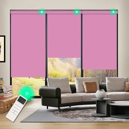 Vista 14 de Persianas enrollables opacas automáticas con cenefa, diseño inalámbrico verde manzana, persianas motorizadas recargables con cenefa de metal a