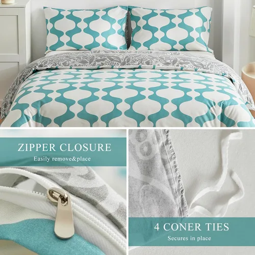 Vista 3 de Juego de funda de edredón tamaño Queen – Juego de ropa de cama reversible de 3 piezas con hojas florales onduladas, color gris y azul, microfibra