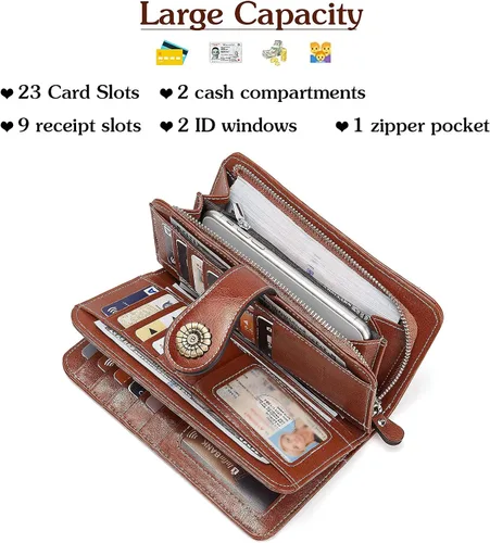 Vista 6 de BOSTANTEN Cartera de cuero genuino para mujer, de gran capacidad, cartera de mano, tarjetero con bloqueo RFID