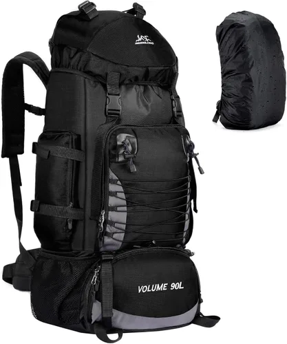 Vista 7 de Mochila de senderismo de 90L, bolsa de camping impermeable con cubierta de lluvia, mochila ligera para mochileros, sin marco